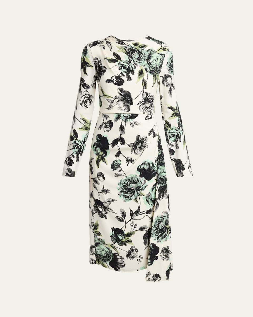 Floral Draped Long-Sleeve Midi Dress